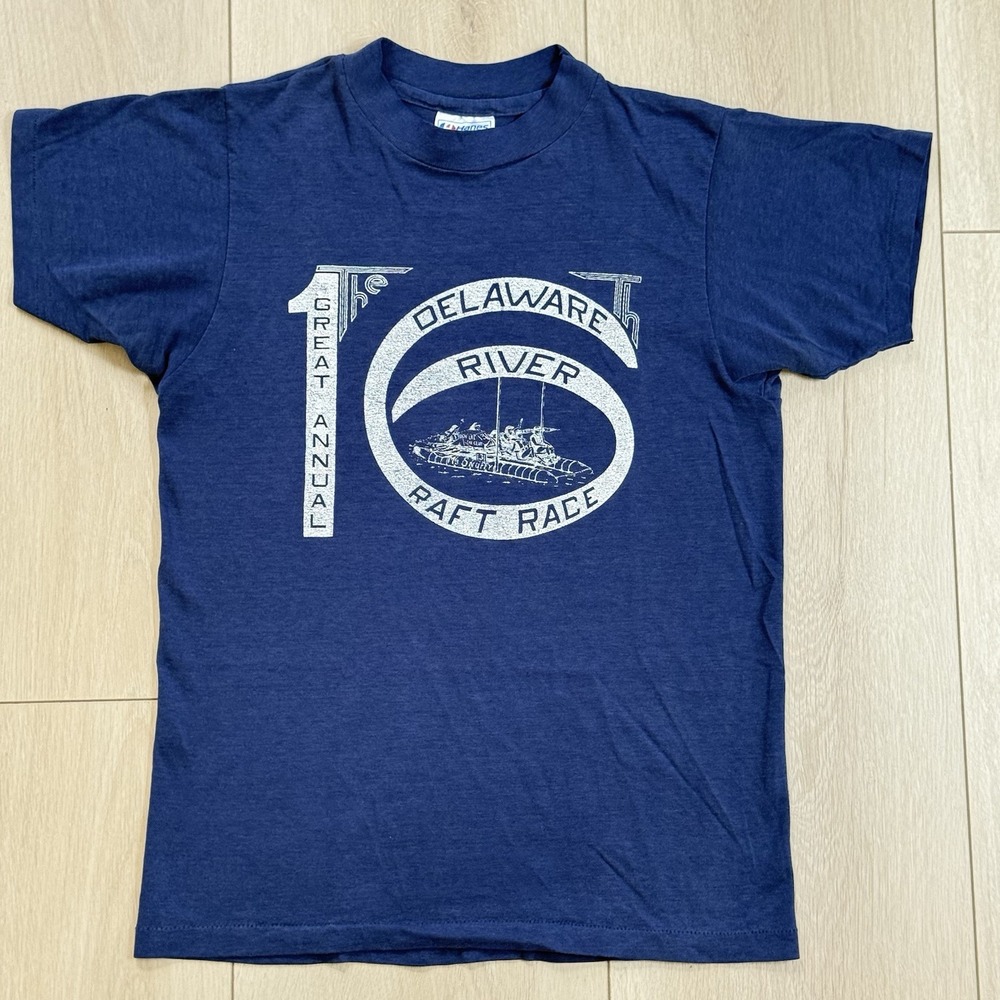 VTG 80s Hanes Raft Race Tee S Delaware River‎ Navy Blue Single Stitch USA Made